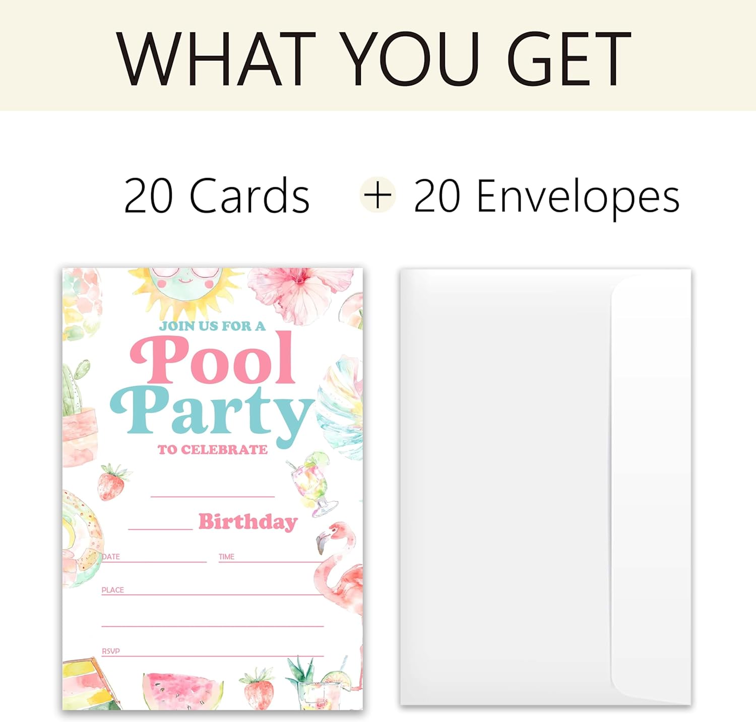 Summer Pool Birthday Invitations 20 Cards 4x6 with Envelopes