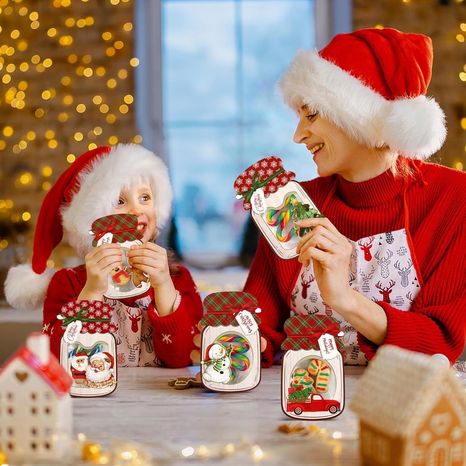 Giiffu 48 Pack Christmas Mason Jar Cards with Clear Treat Bags