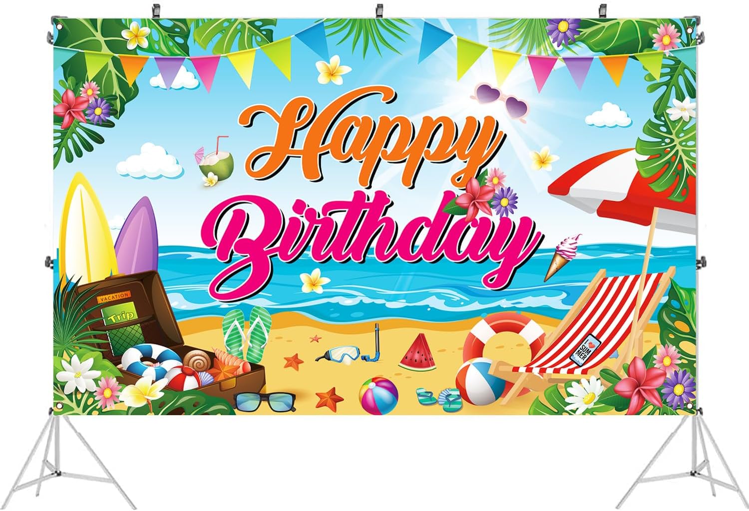 Aushenke Summer Beach Birthday Backdrop Banner 71x43 Inches