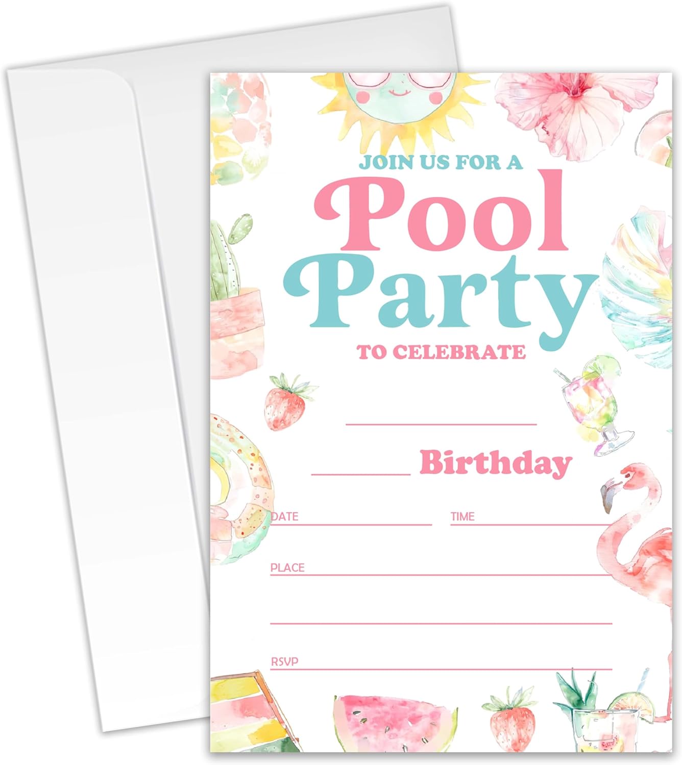 Summer Pool Birthday Invitations 20 Cards 4x6 with Envelopes