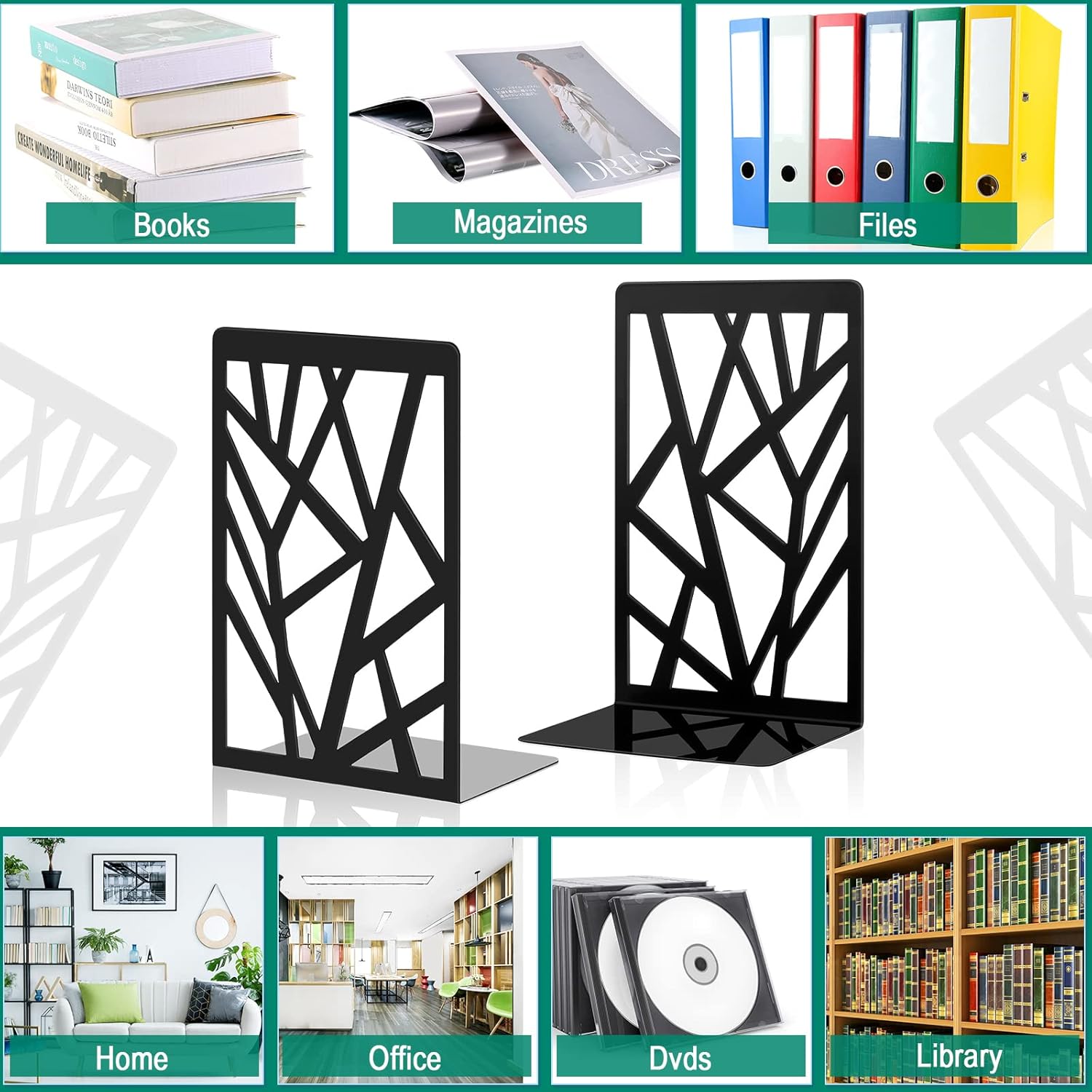 Zonon 3 Pairs Black Metal Bookends for Shelves