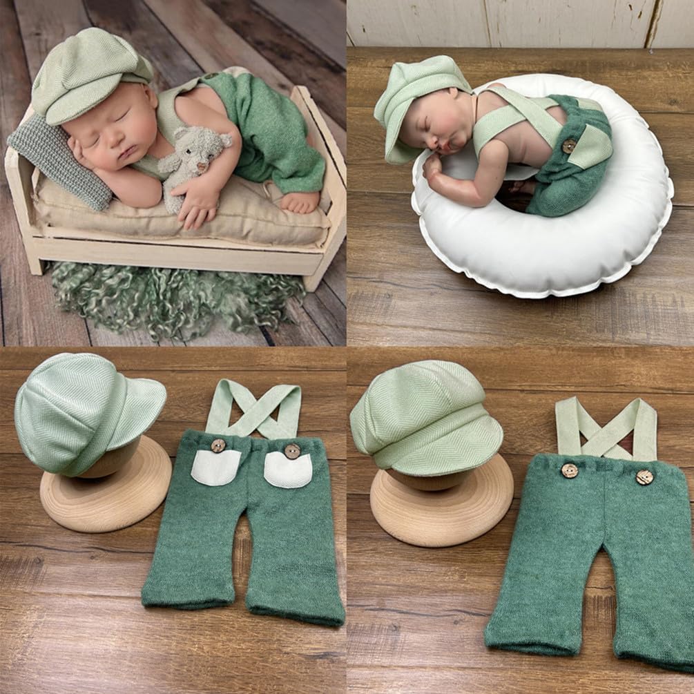 Vomdrok Newborn Gentleman Suit Photography Props Outfit Boy Suspender Pants Hat Set