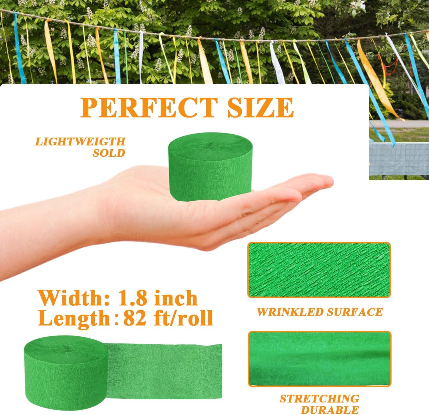 8 Rolls Green Crepe Paper Streamers for Party Decorations