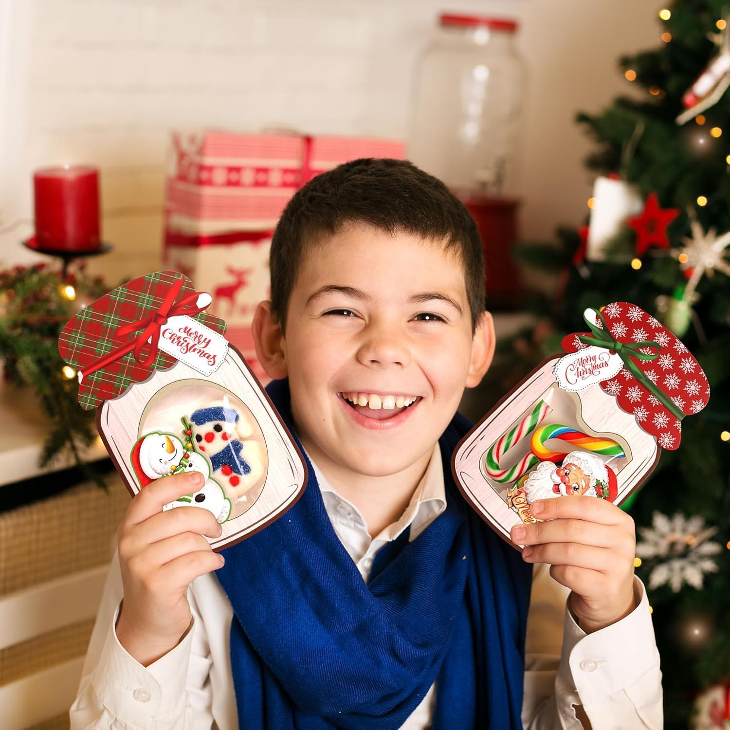 Giiffu 48 Pack Christmas Mason Jar Cards with Clear Treat Bags