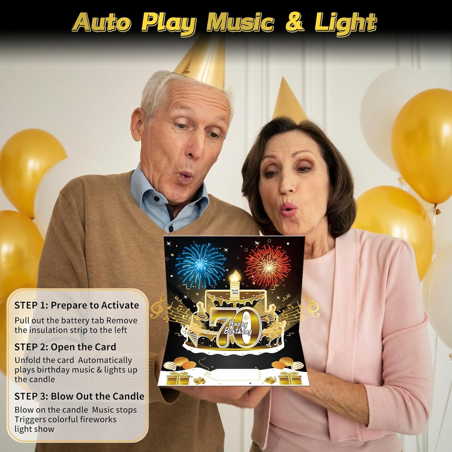 70th Birthday 3D Pop Up Cake Card with Fireworks and Music