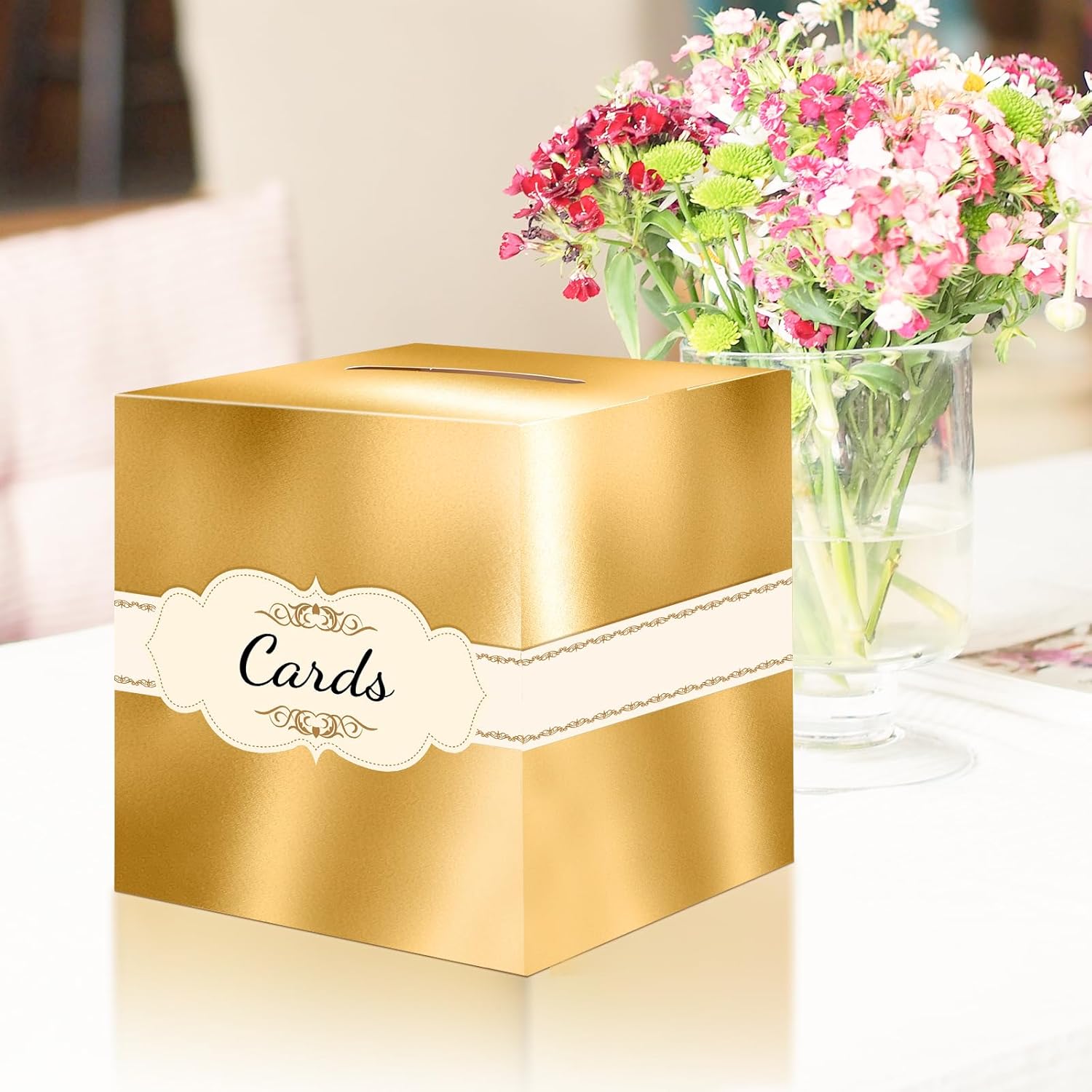 JC HUMMINGBIRD Gold Metallic Cards Ribbon Sign 10x10 Foldable Box with Slit