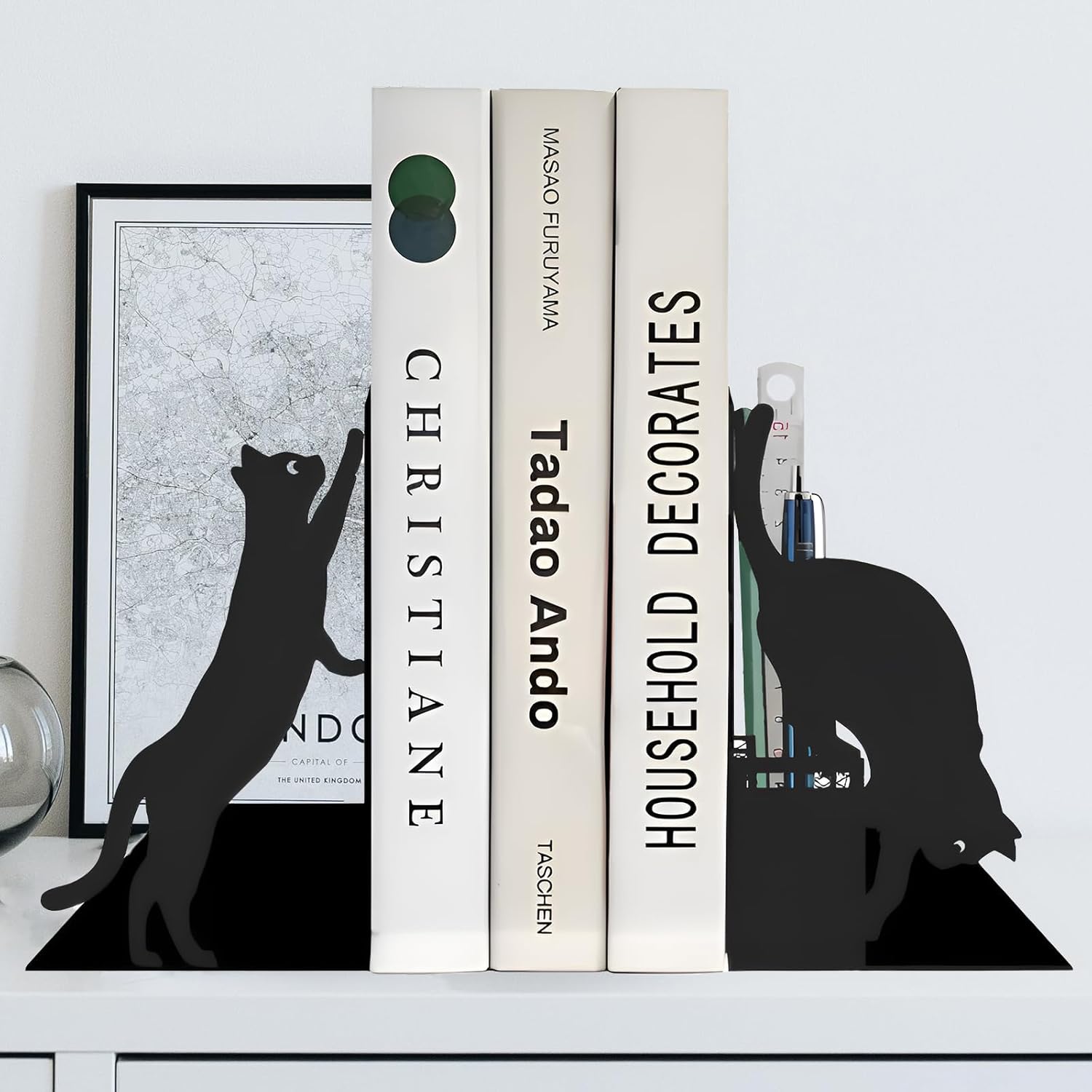 Cat Book Ends with Pen Holder for Desk and Bookshelf