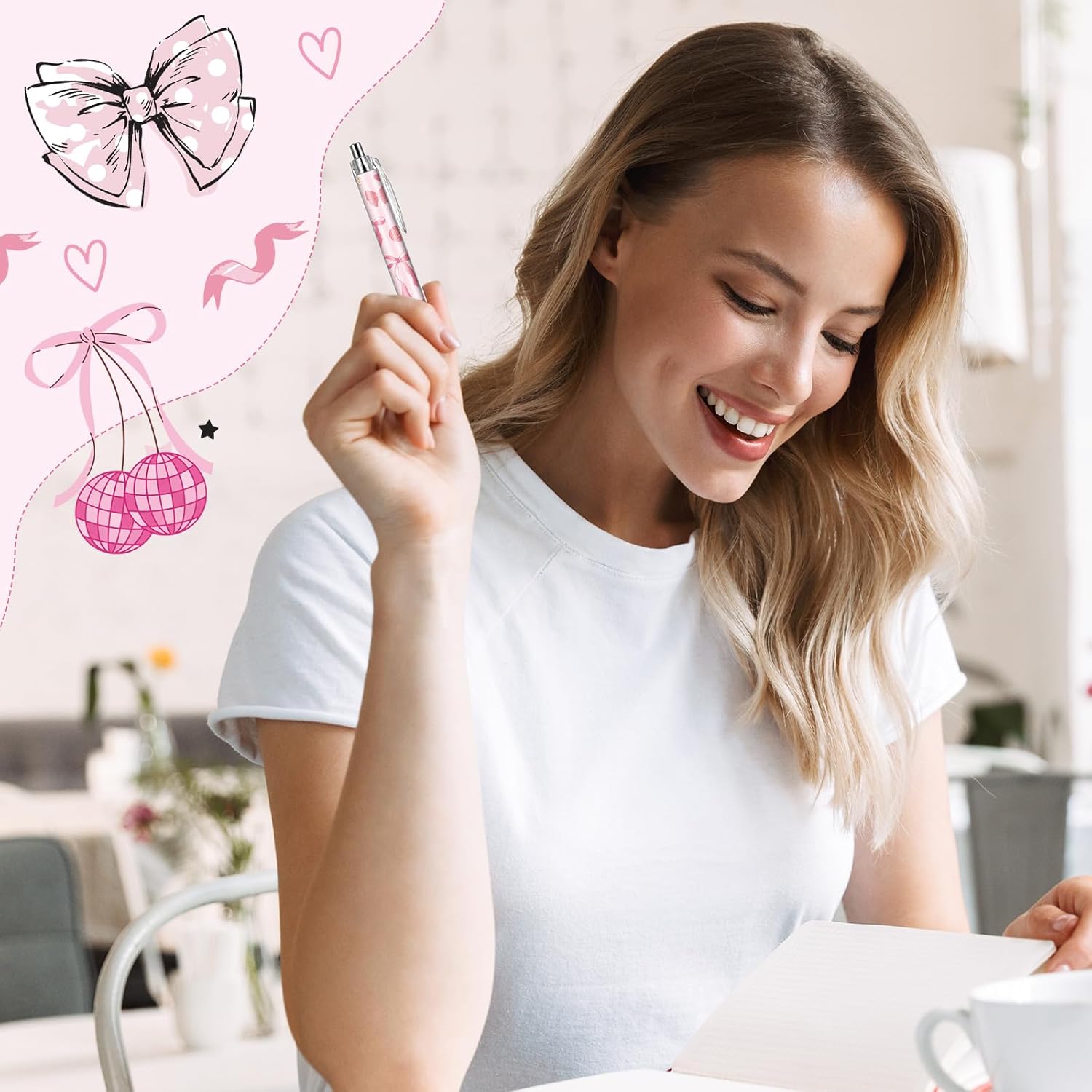 Pink Ballpoint Pens Favors - 24 Pcs Retractable Cute Bow Tie Design Pens