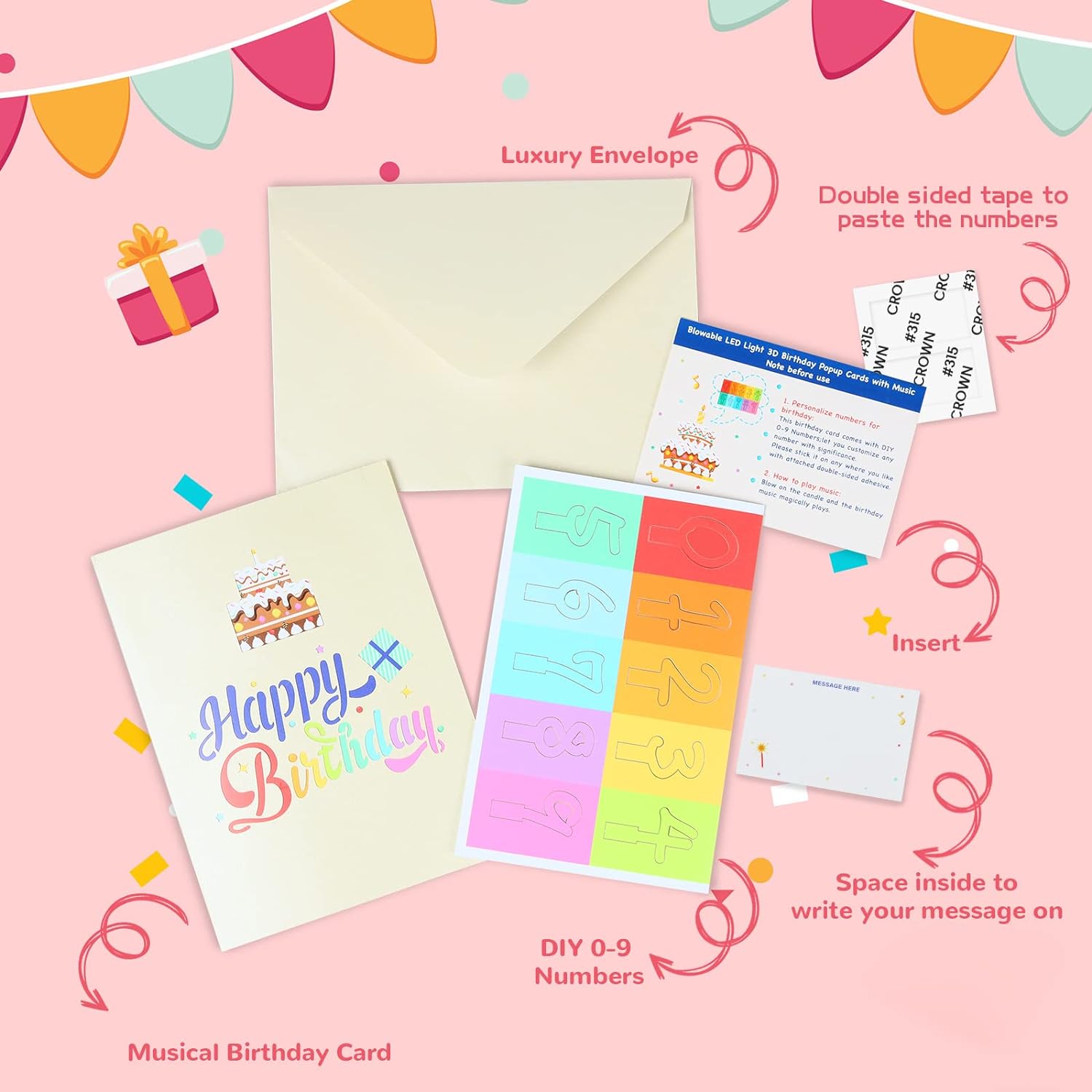 3D Musical Birthday Card with LED Light and Blowable Candle