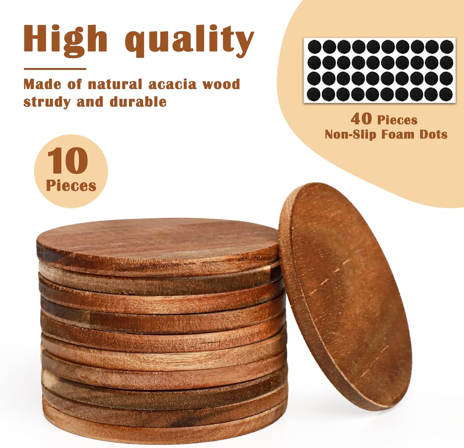 10 Piece Acacia Wood Coasters with Non-Slip Dots for DIY Crafts