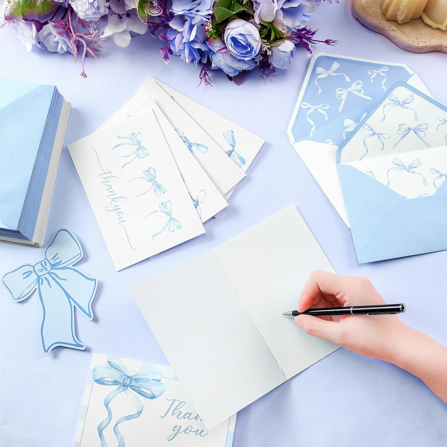 60 Blue Bow Thank You Cards with Envelopes 4x6