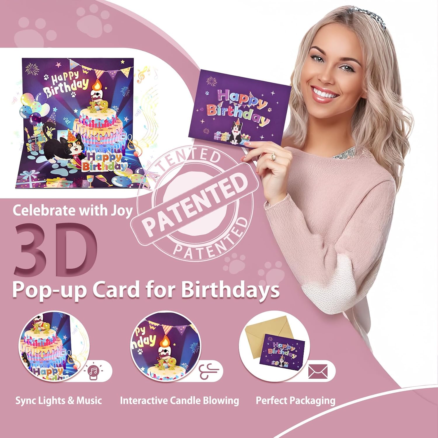 OBSEDE Cat Birthday Card with 3D Pop Up and Music