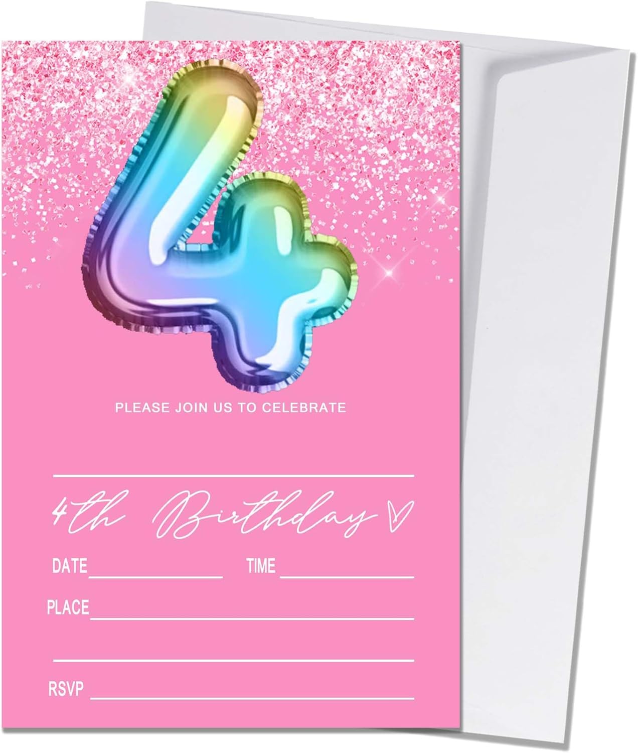 Pink 4th Birthday Invitation Cards 20 Pieces With Envelopes