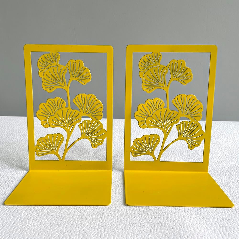 2Pcs Ginkgo Leaf Metal Book Ends - Golden Yellow Design
