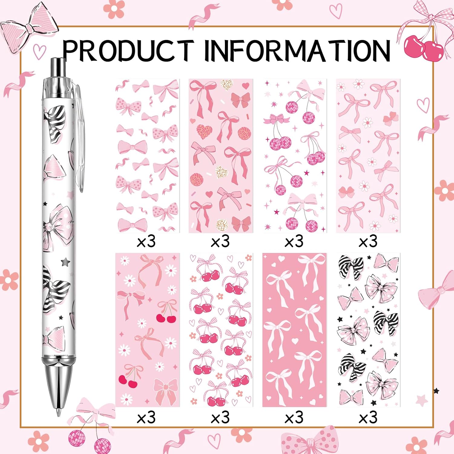 Pink Ballpoint Pens Favors - 24 Pcs Retractable Cute Bow Tie Design Pens