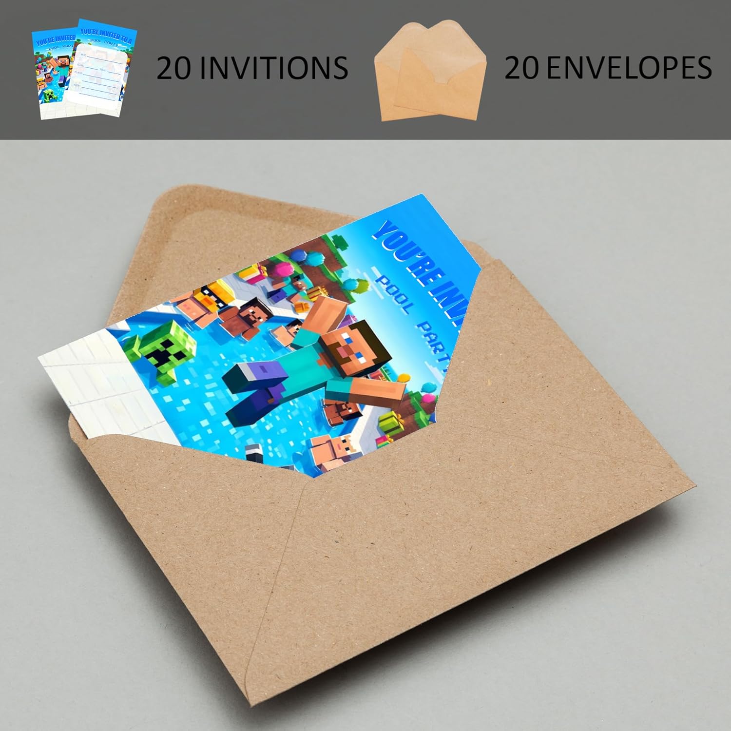 Gaming and Pool Party Birthday Invitations 20 PCS with Envelopes