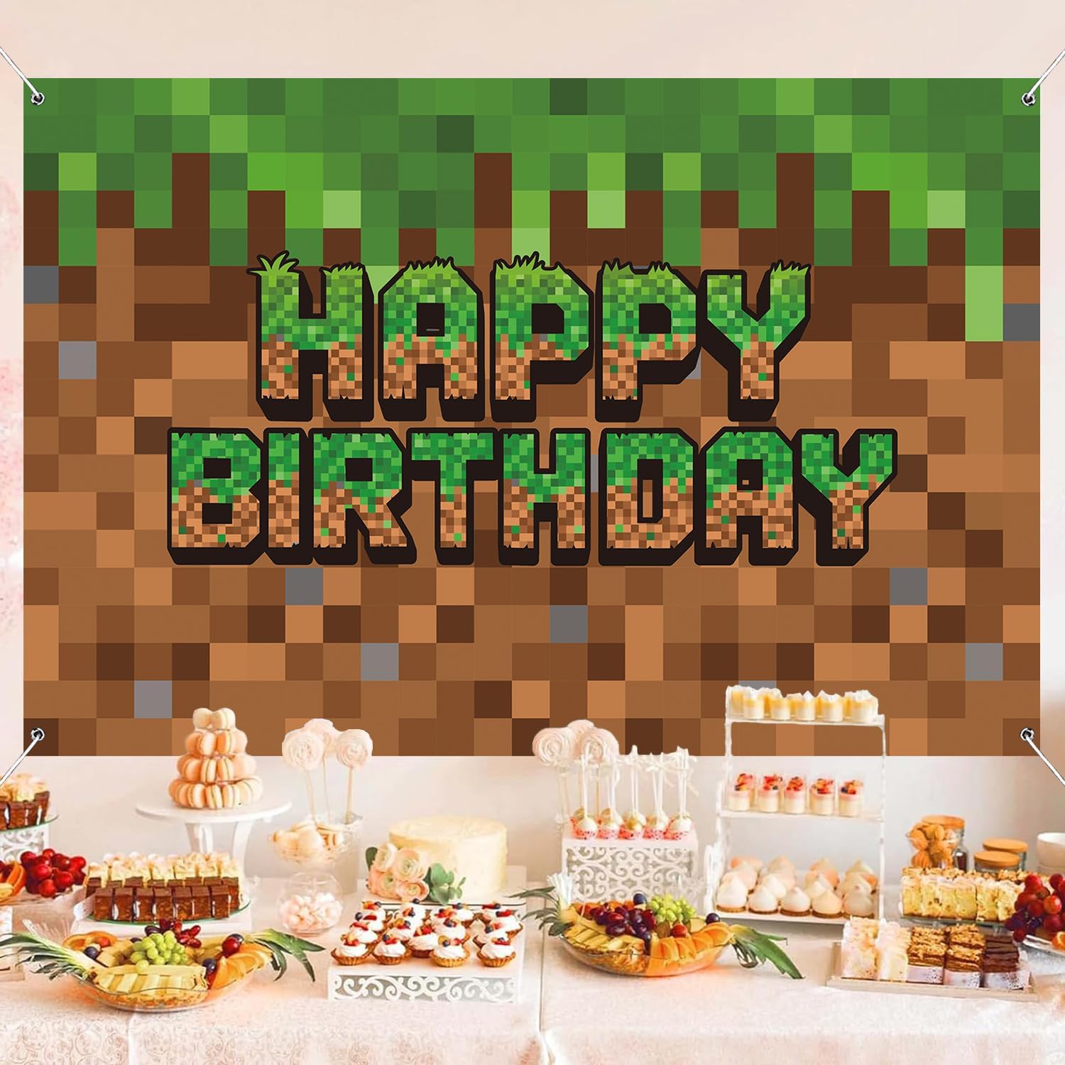 Green and Brown Video Game Themed Birthday Backdrop Banner