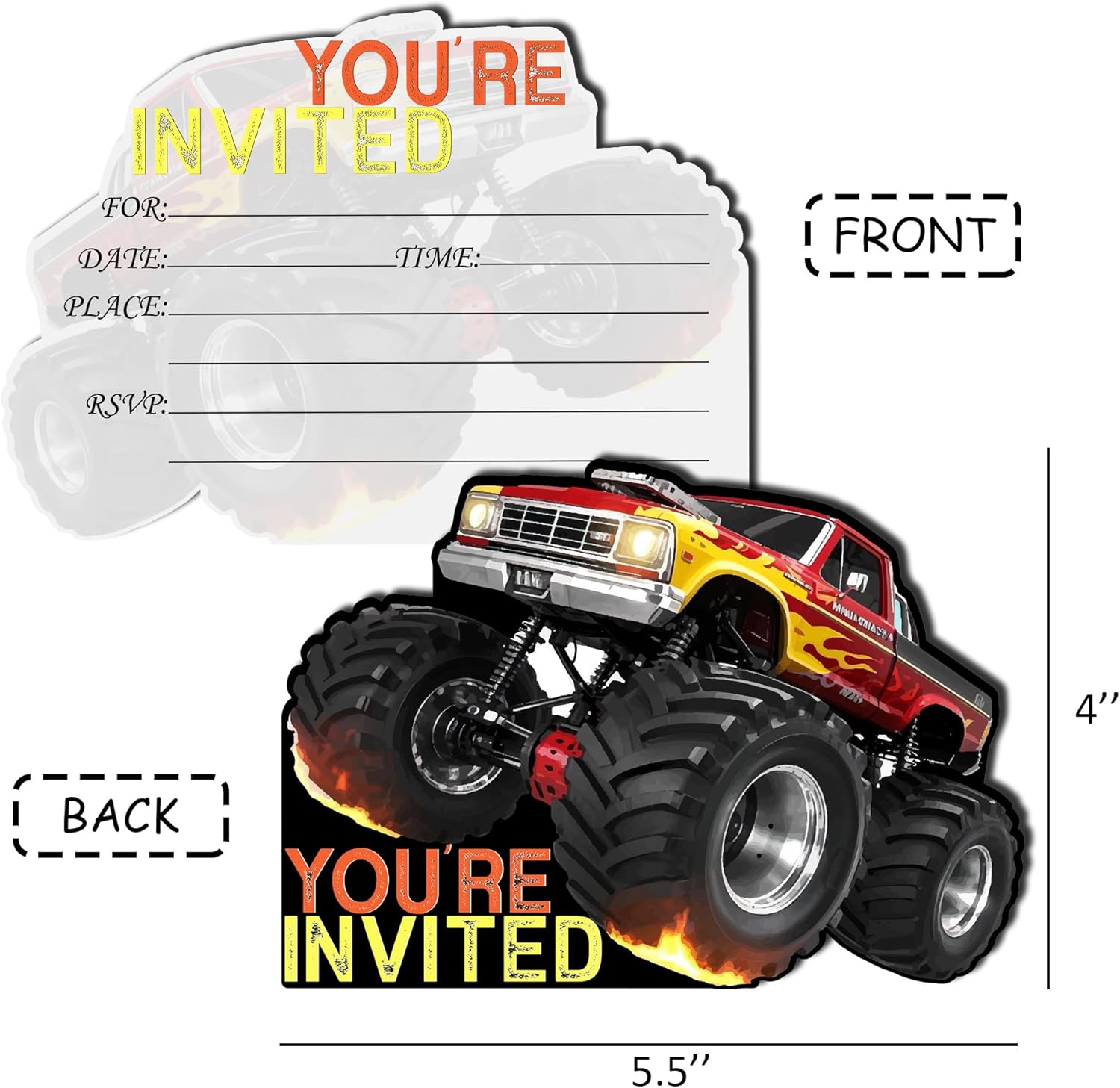 Monster Truck Party Invitations 20-Pack with Envelopes