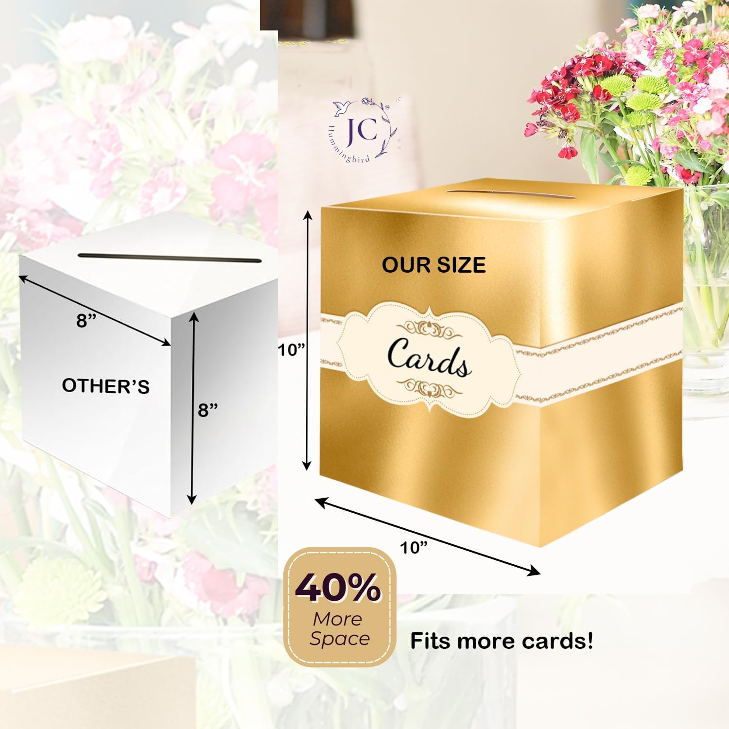 JC HUMMINGBIRD Gold Metallic Cards Ribbon Sign 10x10 Foldable Box with Slit