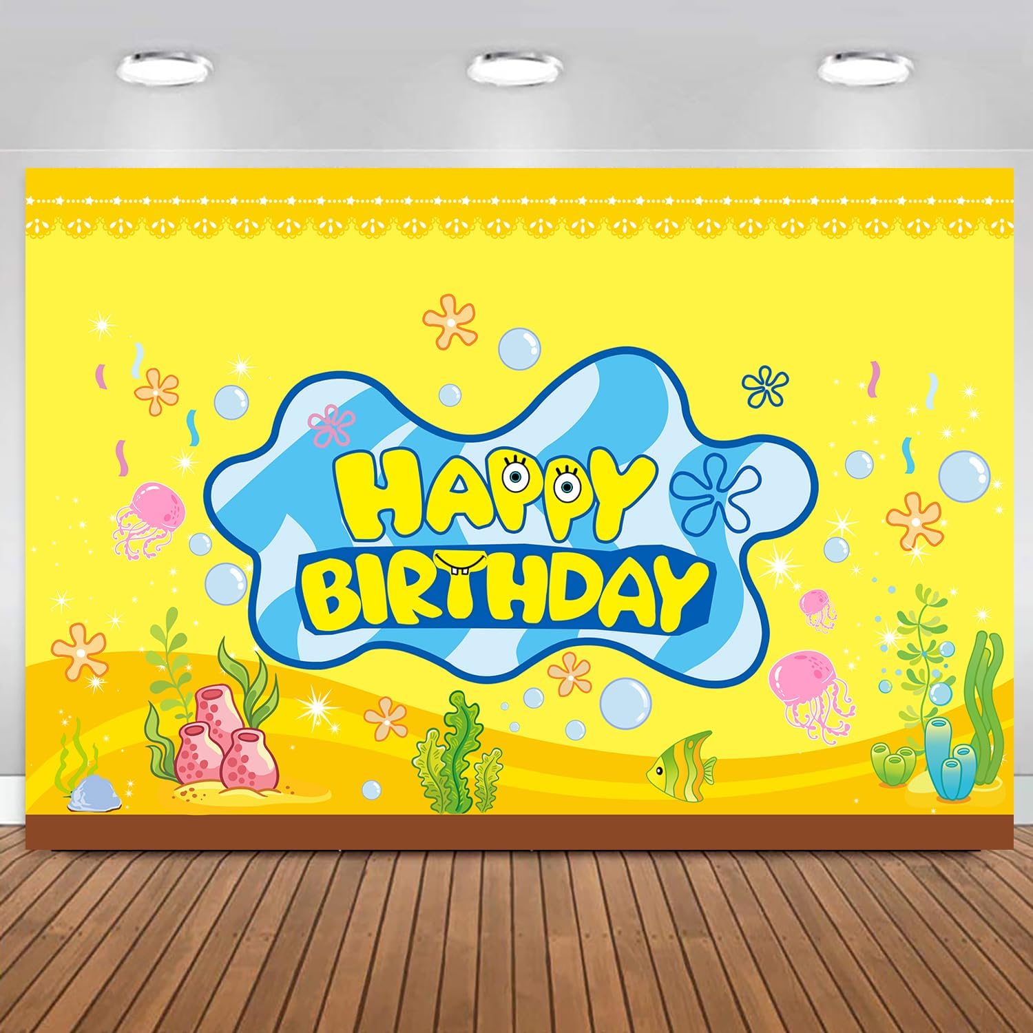 DUNSEO Cartoon Sponge Birthday Banner 5x3ft Backdrop