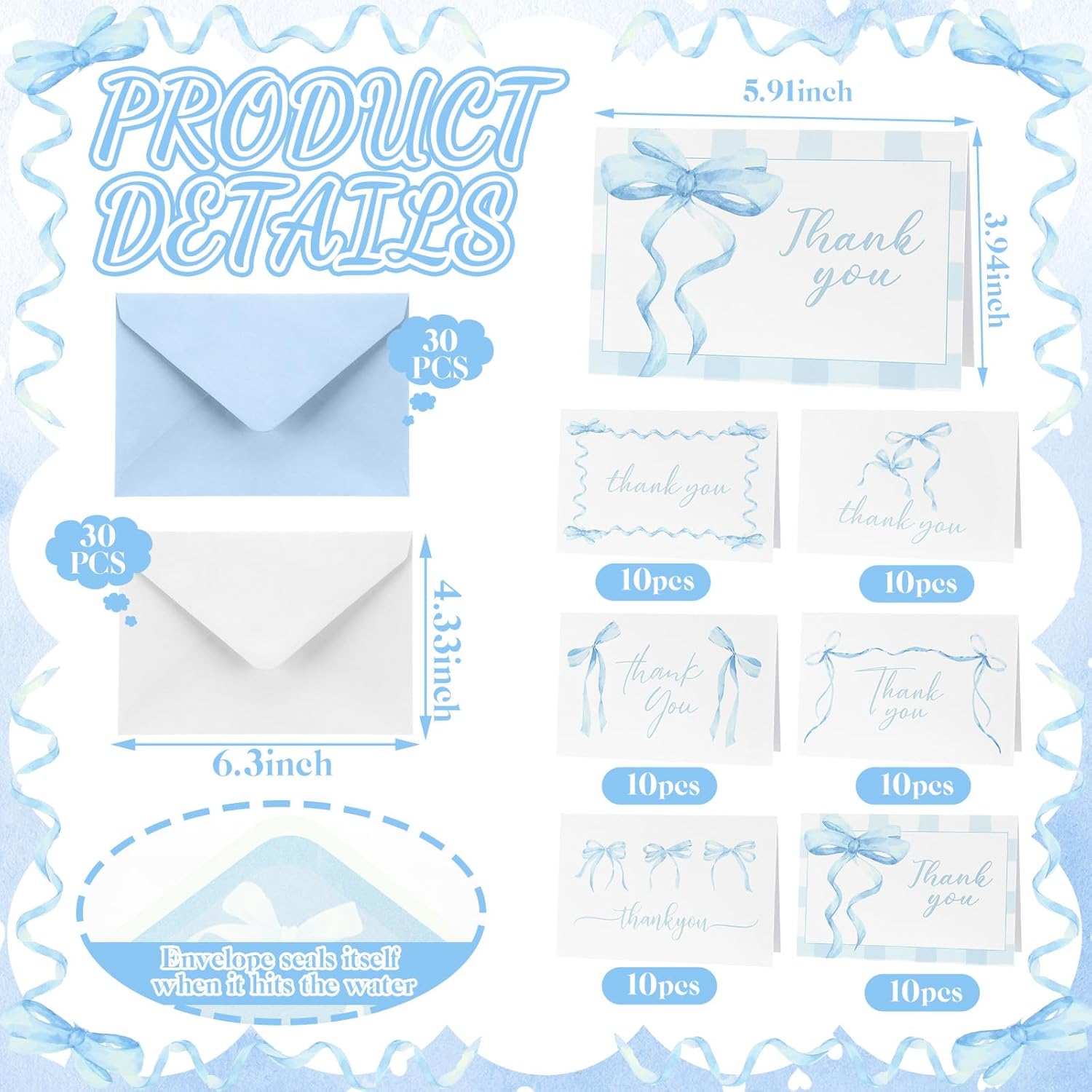 60 Blue Bow Thank You Cards with Envelopes 4x6