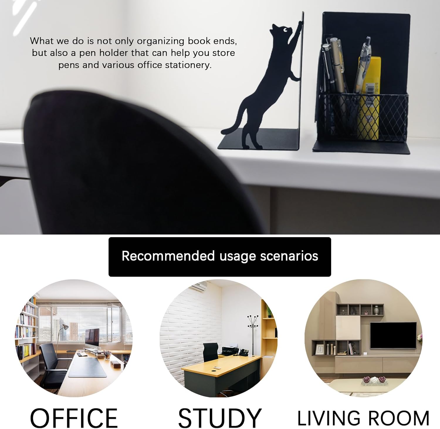Cat Book Ends with Pen Holder for Desk and Bookshelf