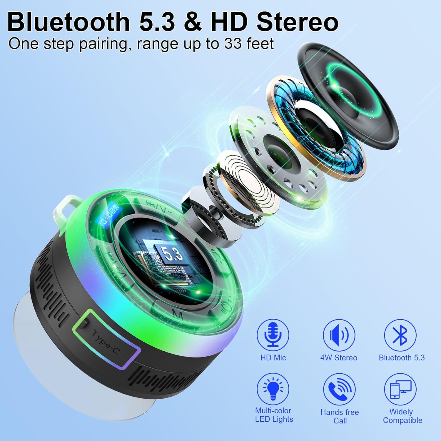Bluetooth Shower Speaker with IP7 Waterproof and LED Lights