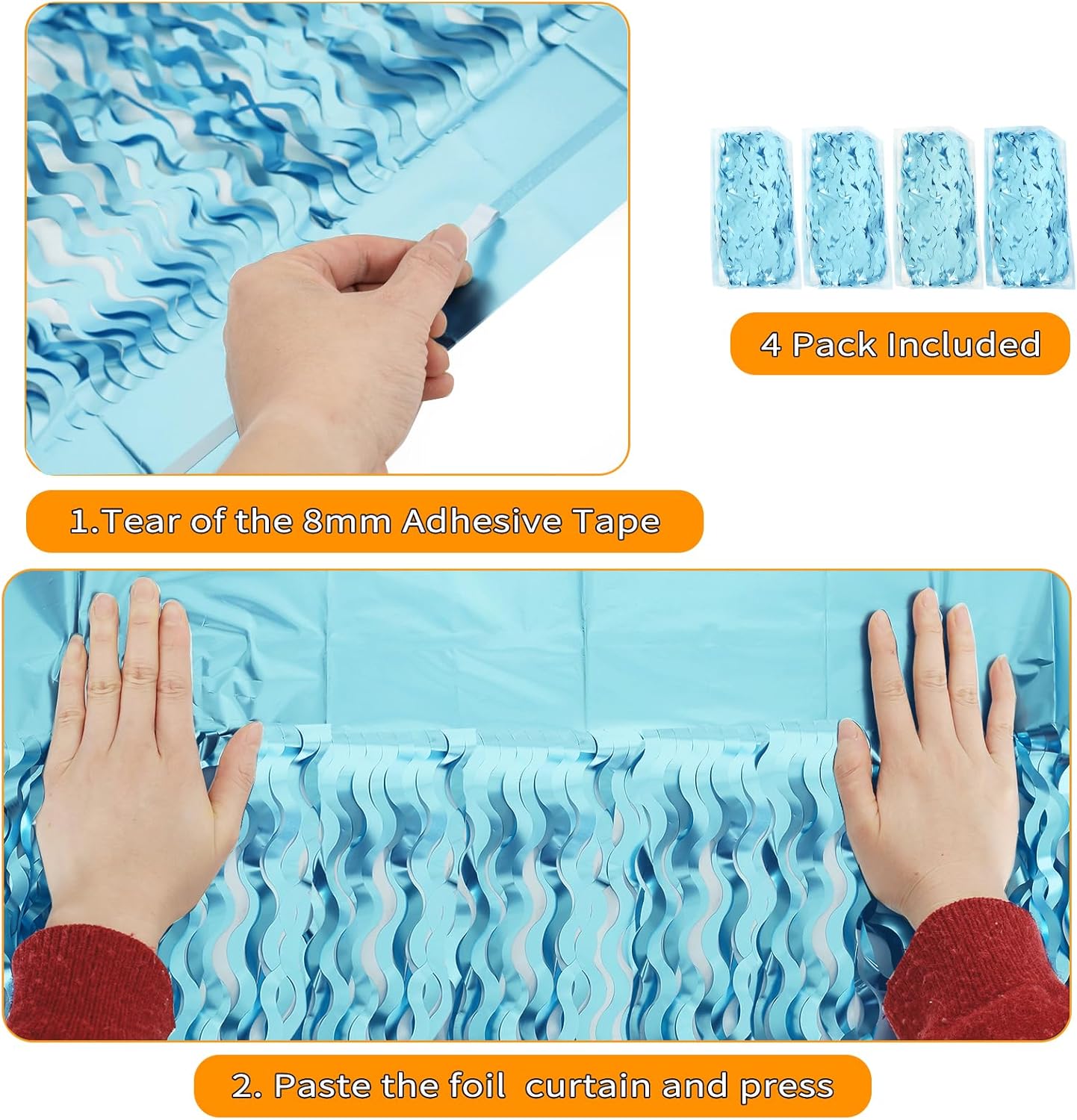 4 Pack Wavy Blue Foil Fringe Curtains 33x66ft Ocean Backdrop