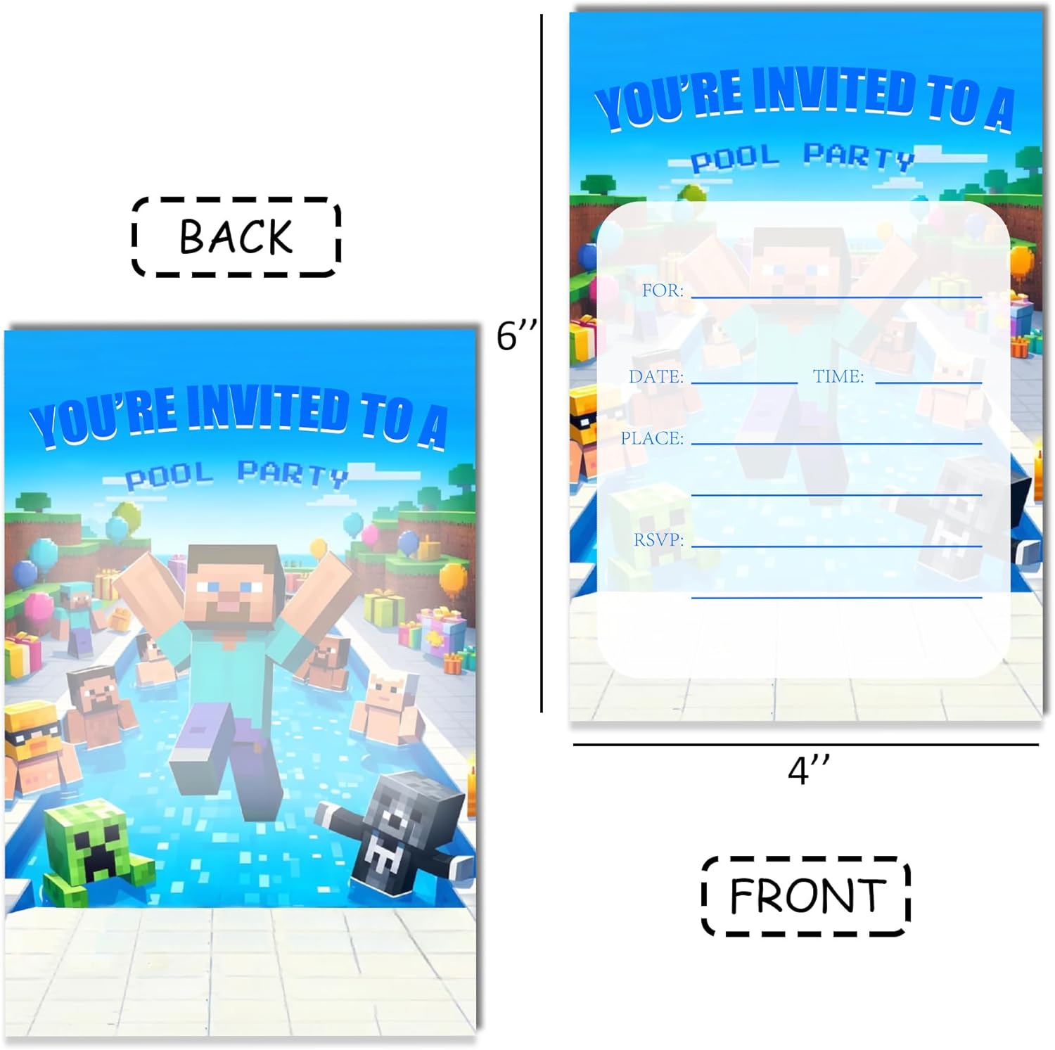 Gaming and Pool Party Birthday Invitations 20 PCS with Envelopes