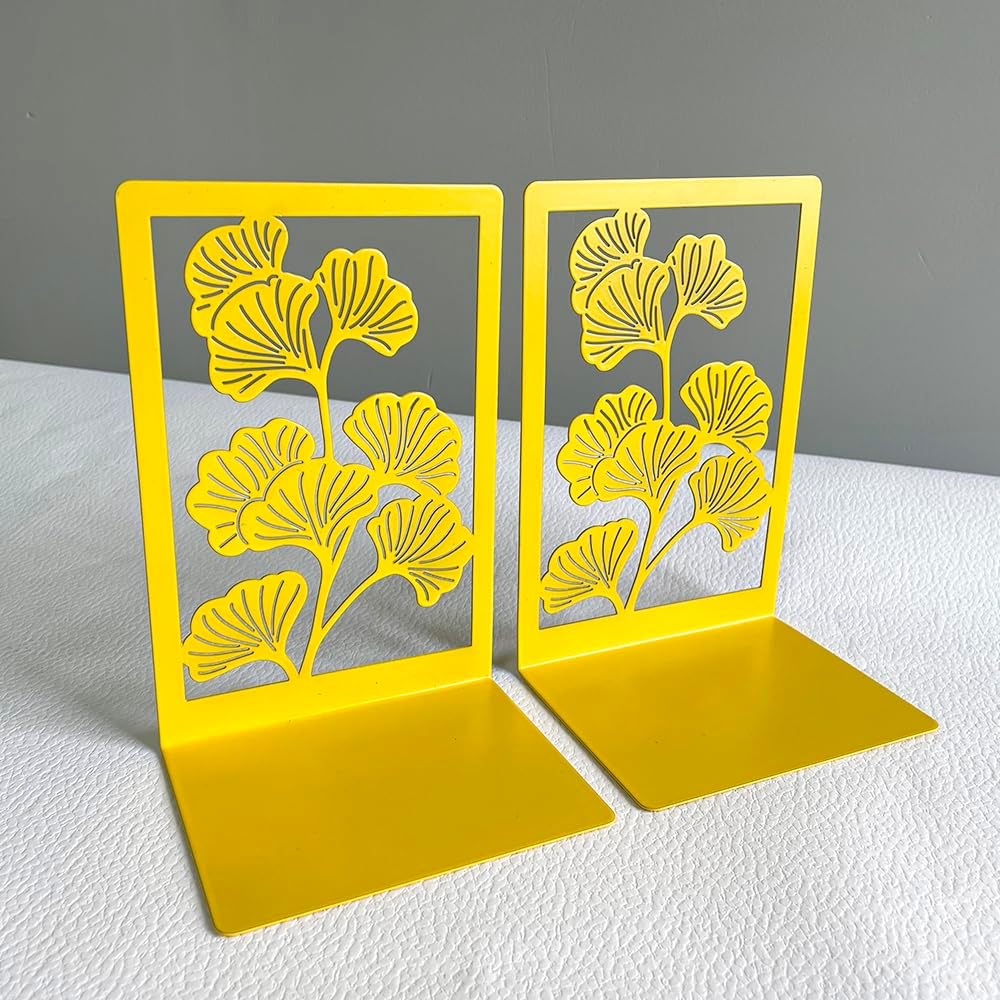 2Pcs Ginkgo Leaf Metal Book Ends - Golden Yellow Design