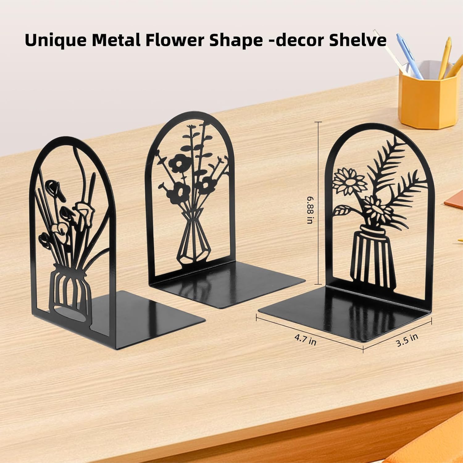 3 Pairs Metal Book Ends for Home Office Decor