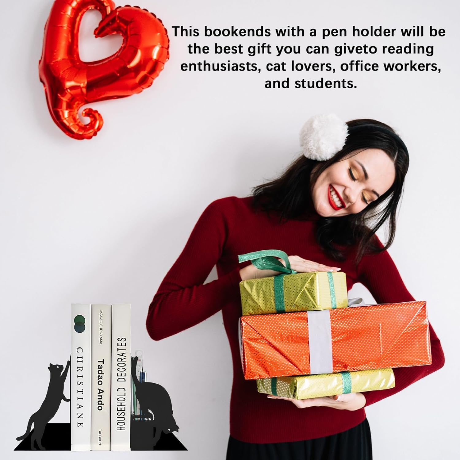 Cat Book Ends with Pen Holder for Desk and Bookshelf