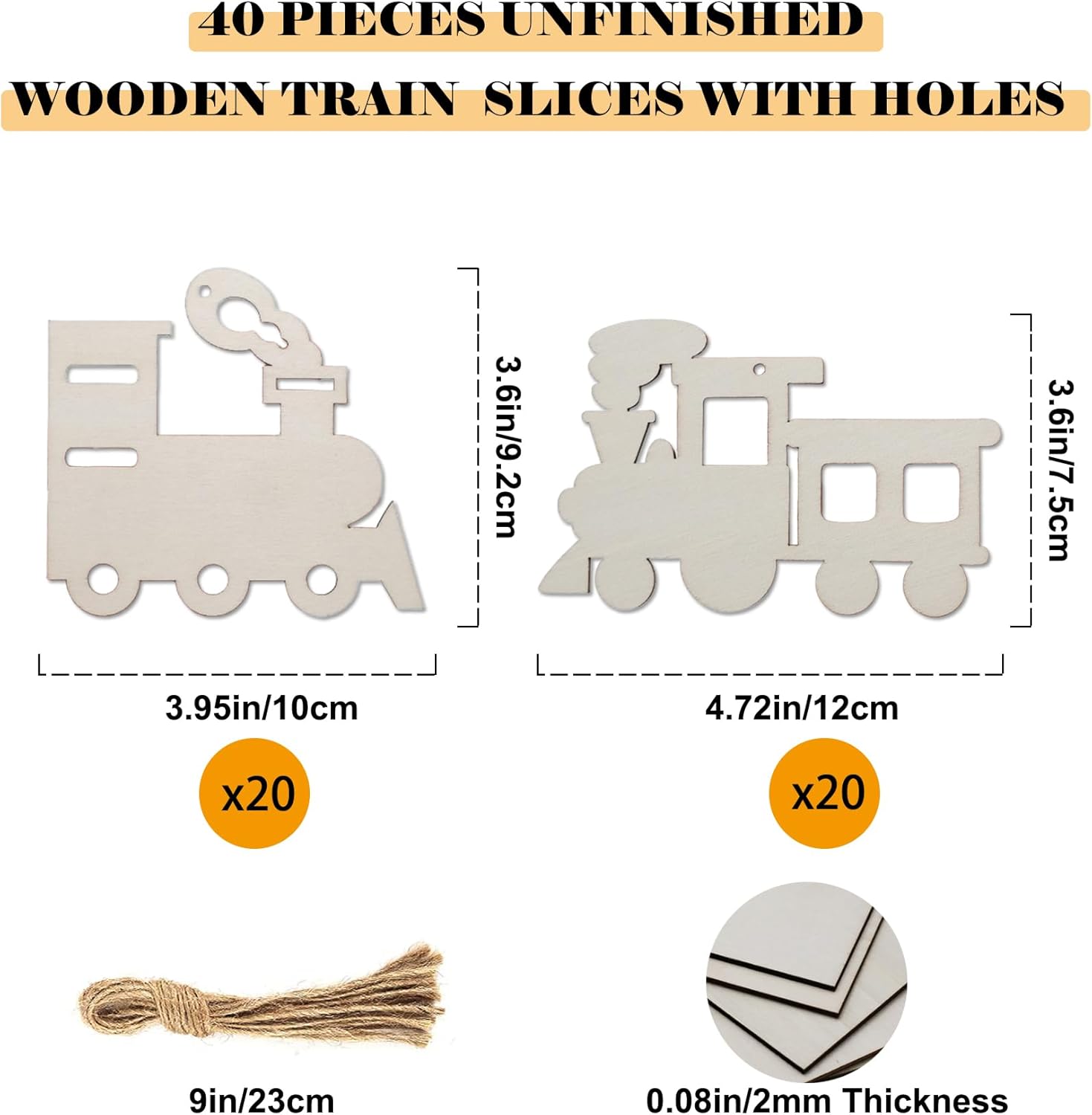 40 Pcs Unfinished Wooden Train Ornaments for Crafts