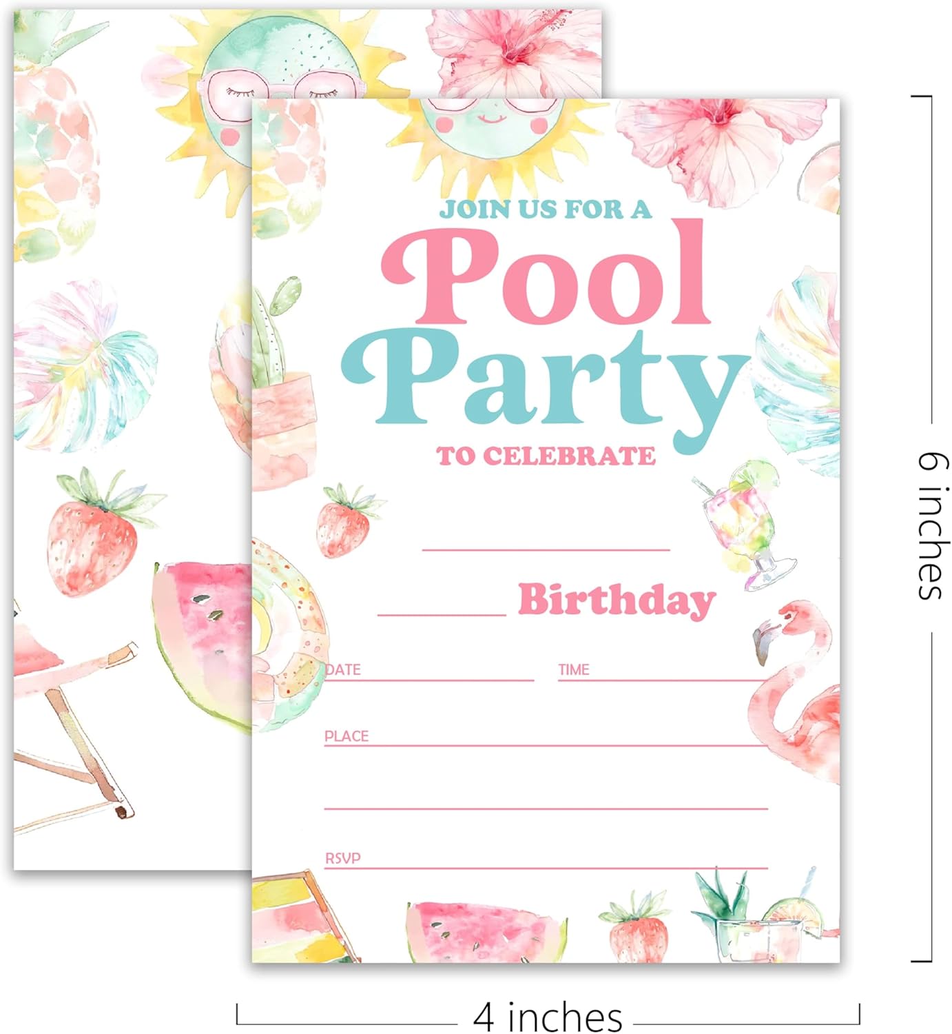 Summer Pool Birthday Invitations 20 Cards 4x6 with Envelopes