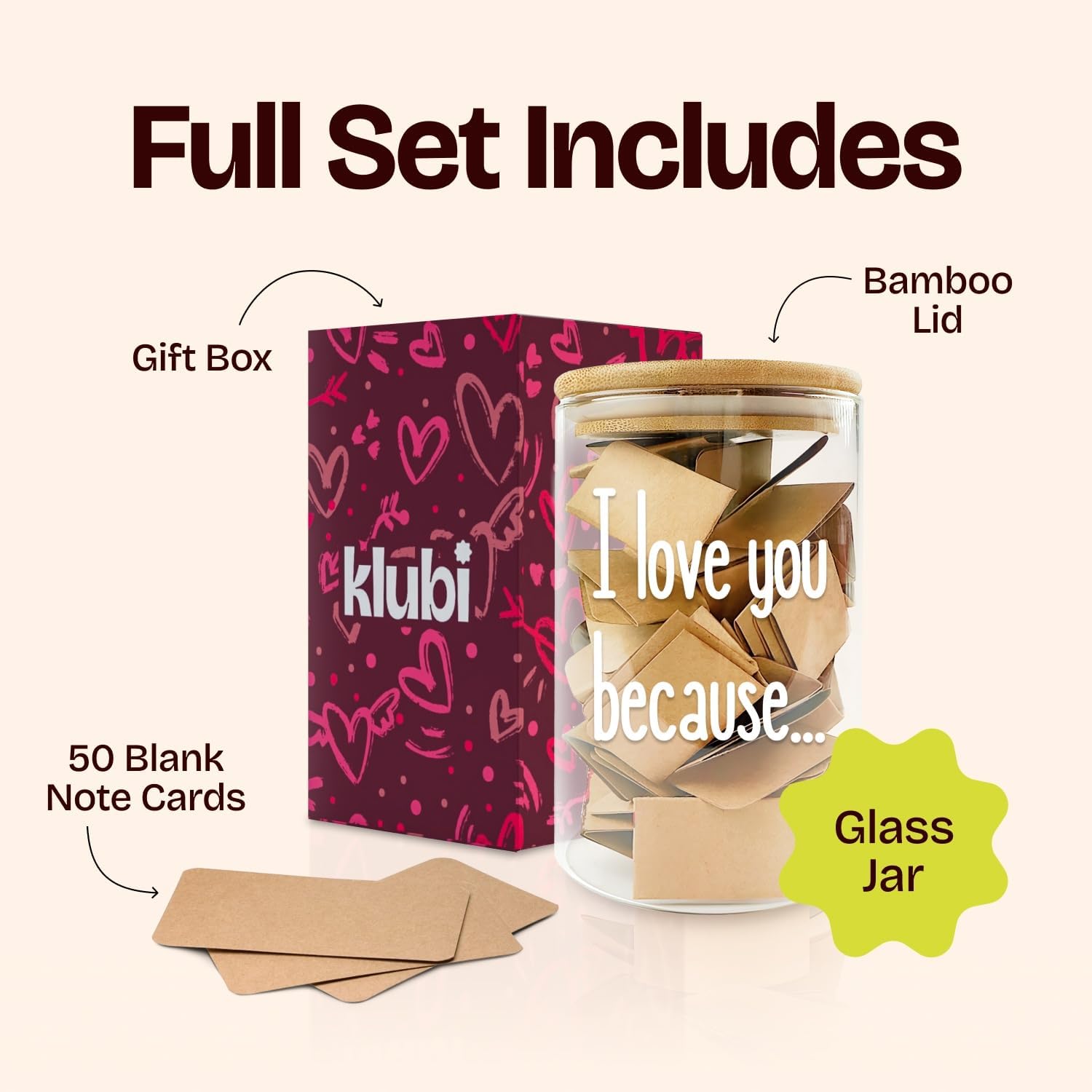Love Note Jar with 50 Cards for Romantic Messages and Expressions