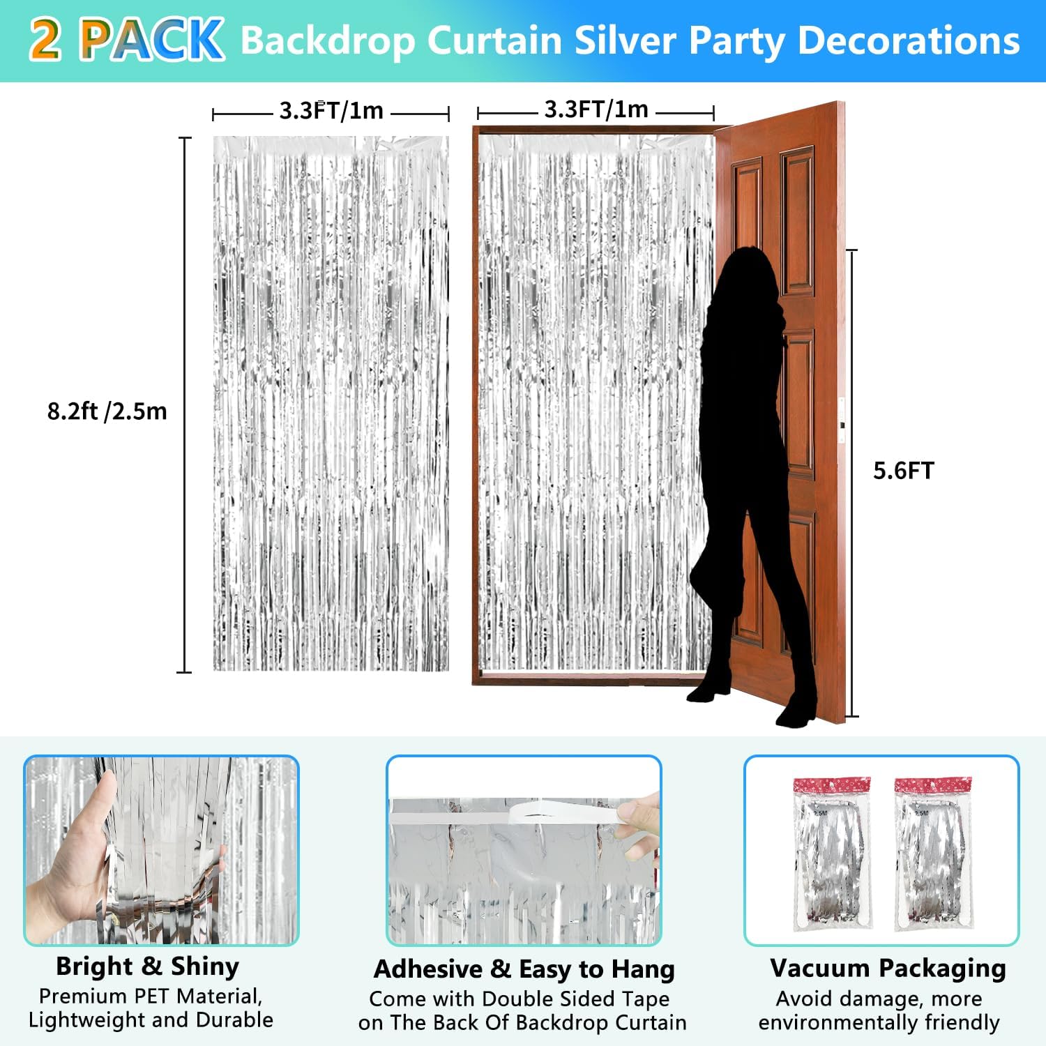 2 Pack Foil Curtain Backdrop with Silver Tinsel