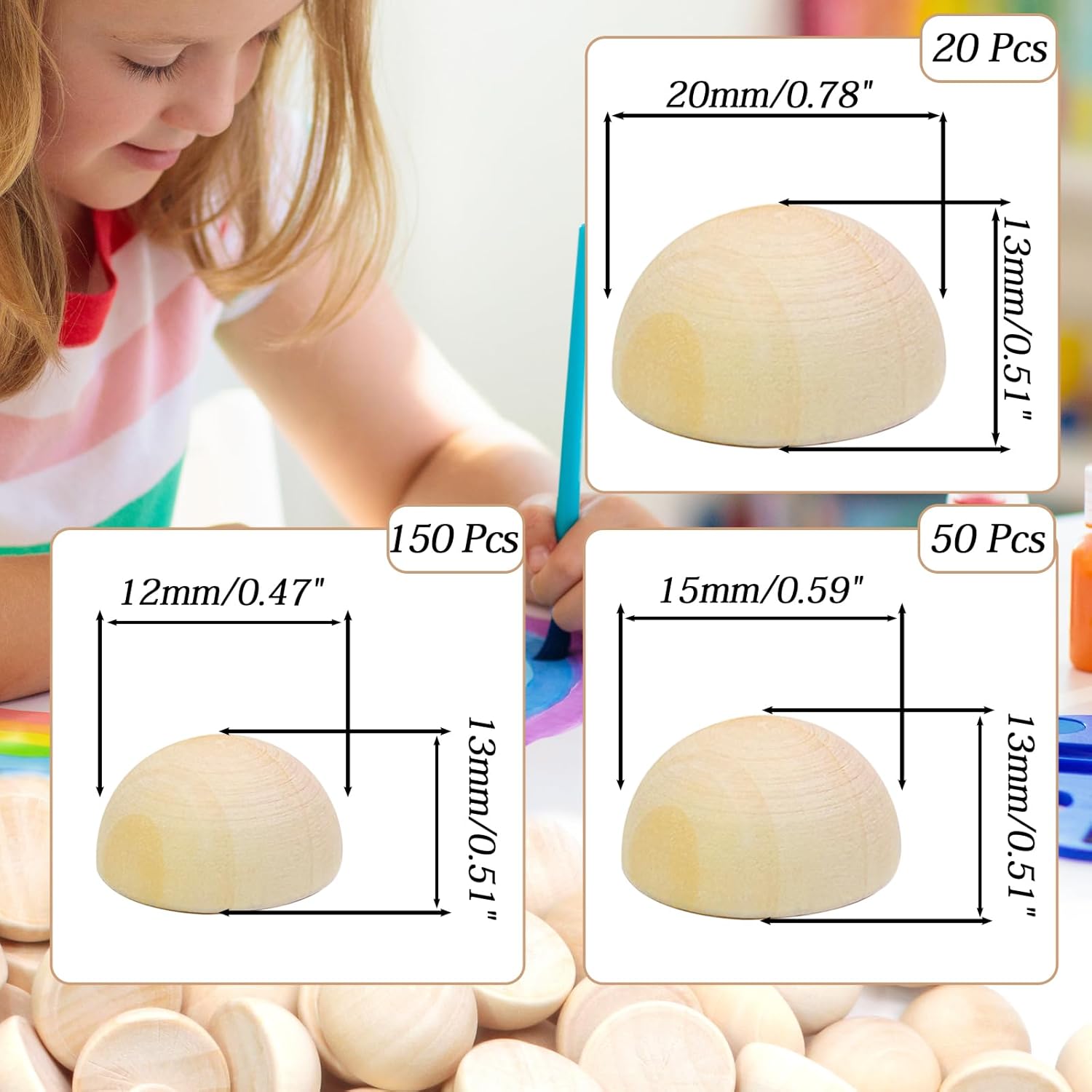 Uenhoy 200 Pcs Half Wooden Beads in 3 Sizes