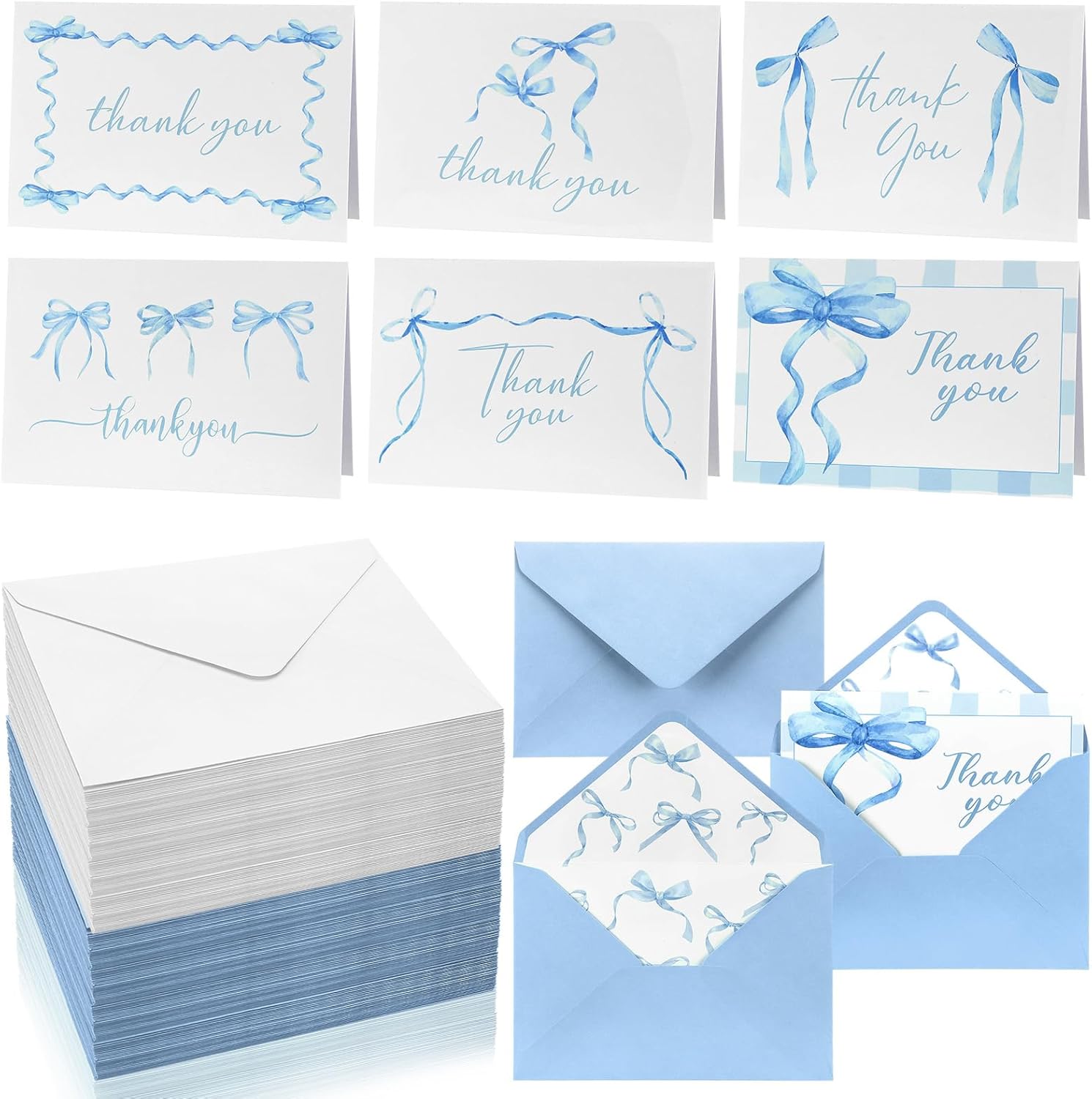 60 Blue Bow Thank You Cards with Envelopes 4x6