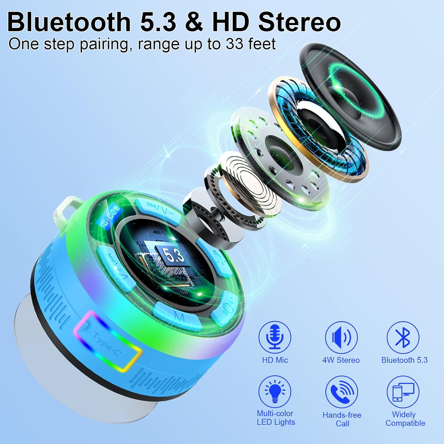 Bluetooth Shower Speaker with IP7 Waterproof and Suction Cup
