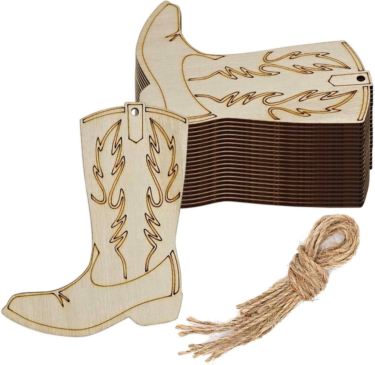 20pcs Wood Cowboy Boots DIY Cutouts Hanging Ornaments with Jute Twine