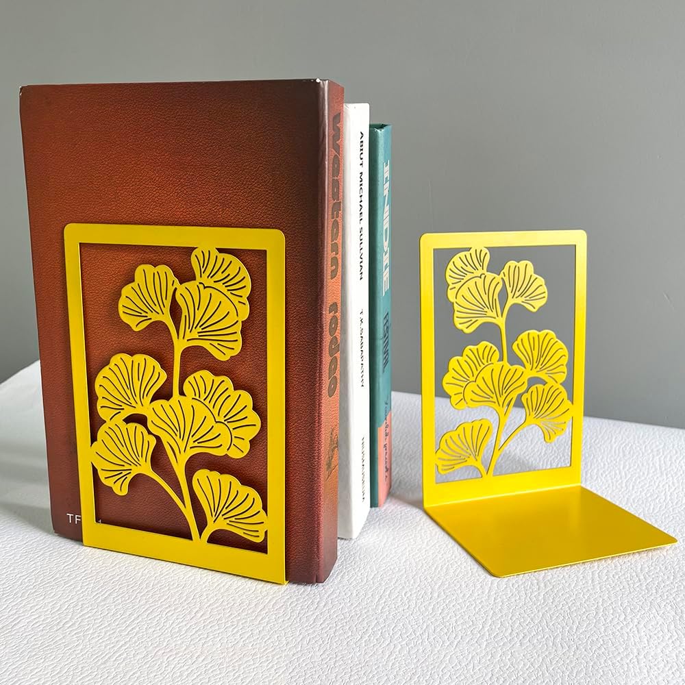 2Pcs Ginkgo Leaf Metal Book Ends - Golden Yellow Design
