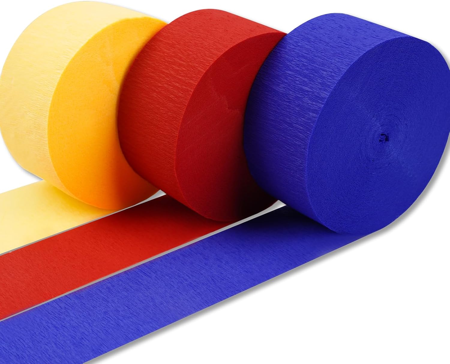 PartyWoo Large Crepe Paper Streamers 3 Rolls 393ft Royal Blue Red Yellow