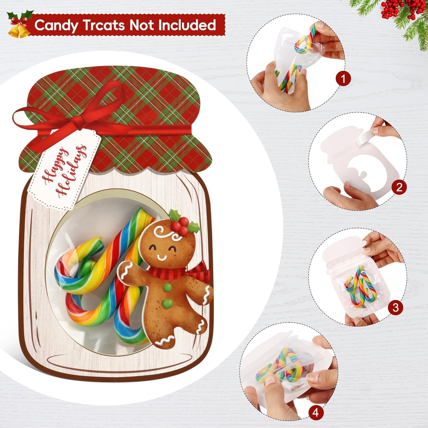 Giiffu 48 Pack Christmas Mason Jar Cards with Clear Treat Bags