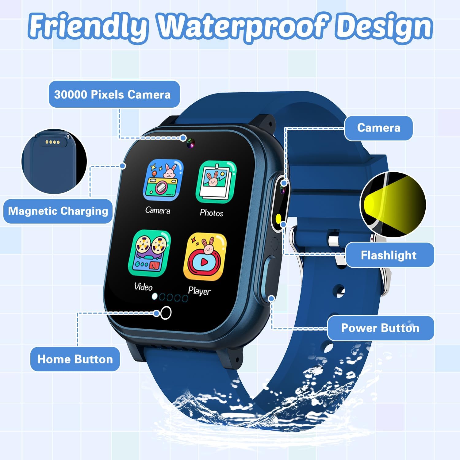 Waterproof Kids Smart Watch with 32 Games and Dual Camera