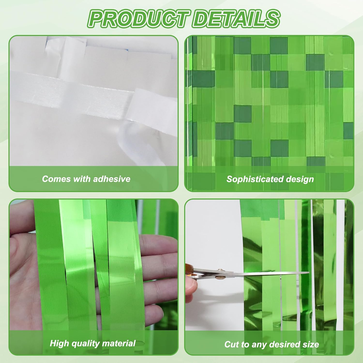 2 Pcs Pixel Green Miner Theme Tinsel Curtains