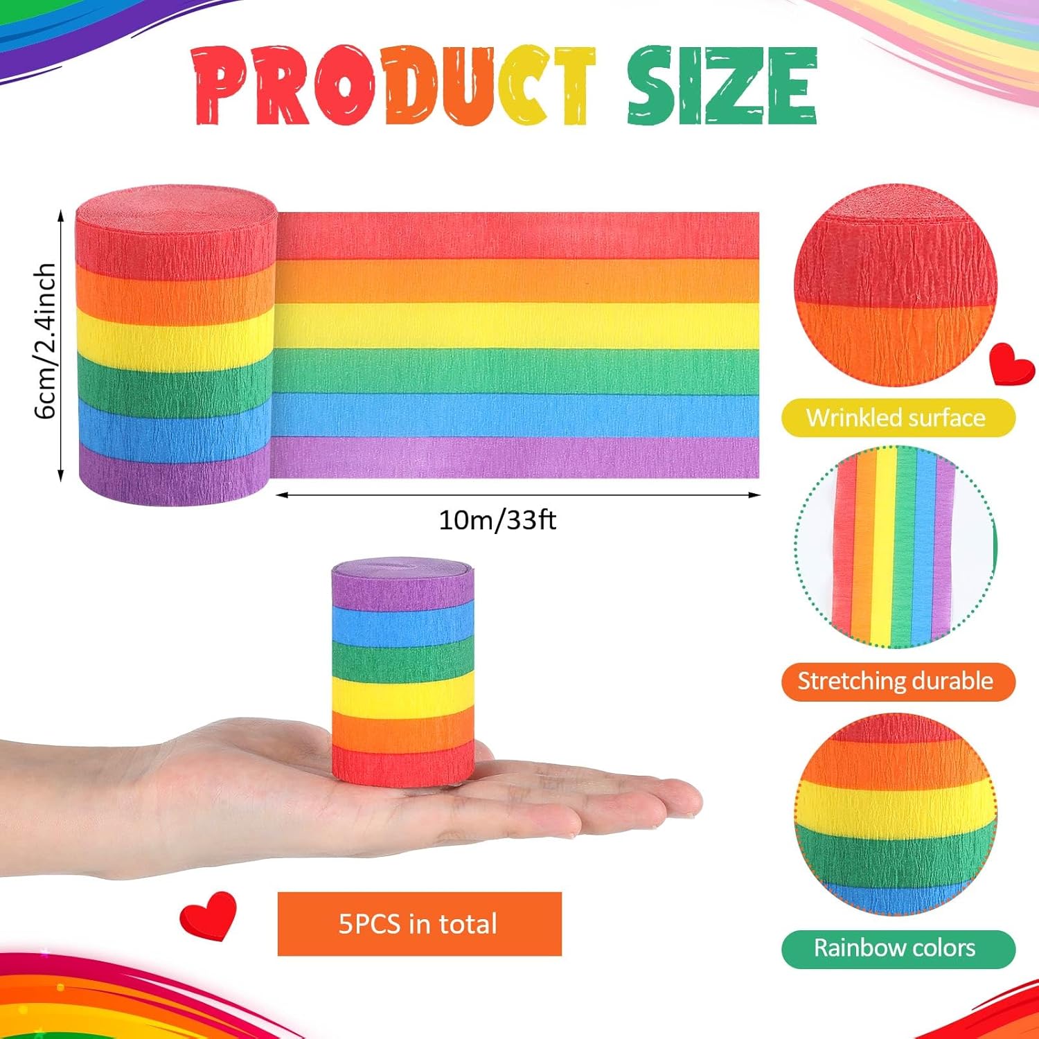 Epakh 5 Rolls Rainbow Crepe Paper Streamers 165 Ft