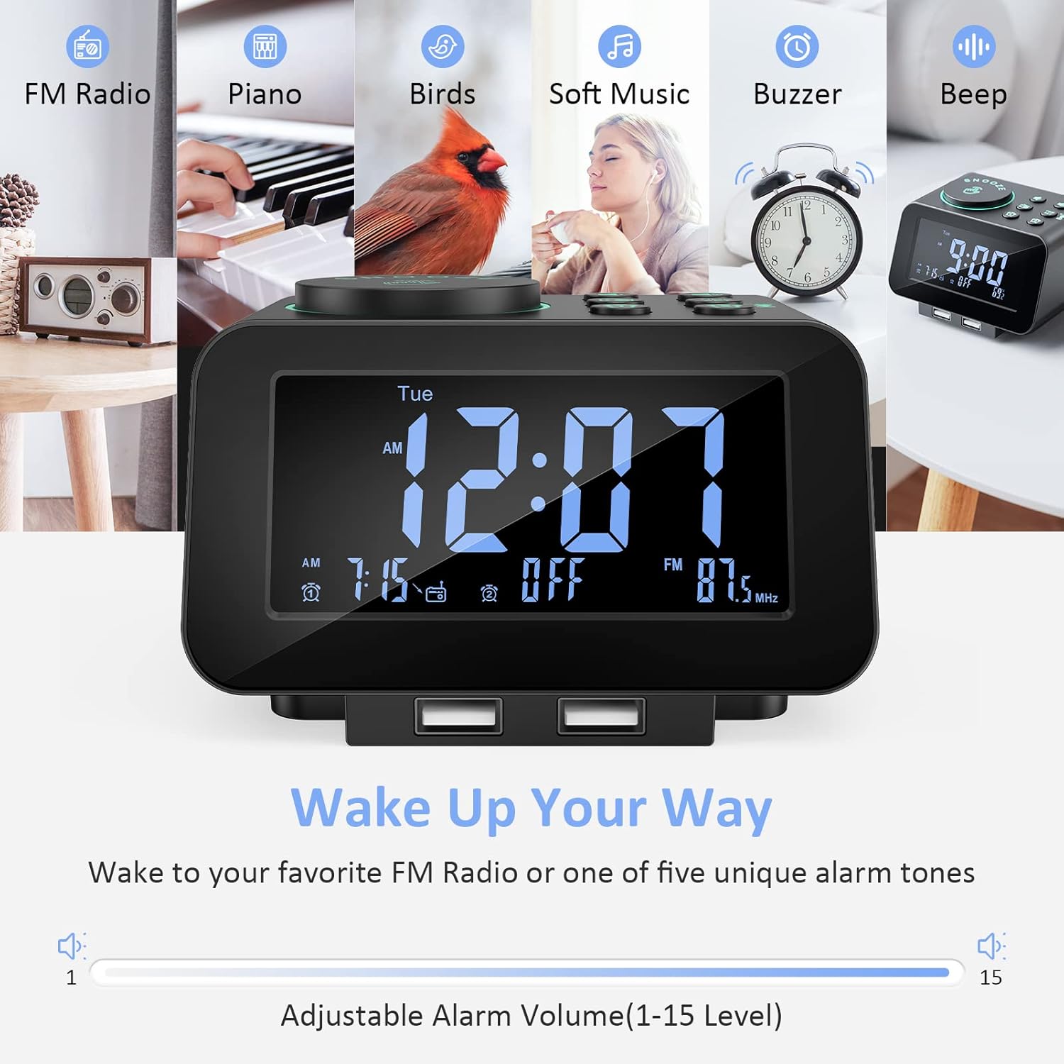 uscce Digital Dual Alarm Clock Radio with Dimmer and Thermometer