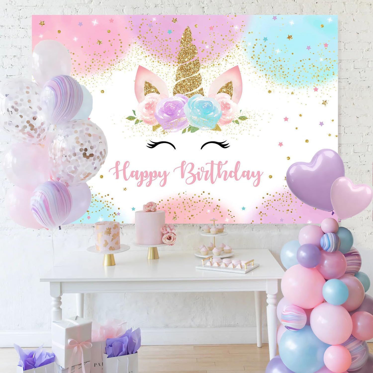 Mocsicka Unicorn Birthday Backdrop 5x3ft Pastel Rainbow Glitter