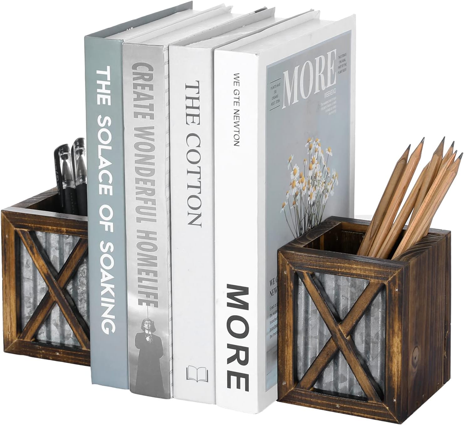 MyGift Rustic Burnt Wood Bookends with Galvanized Metal Accent 1 Pair