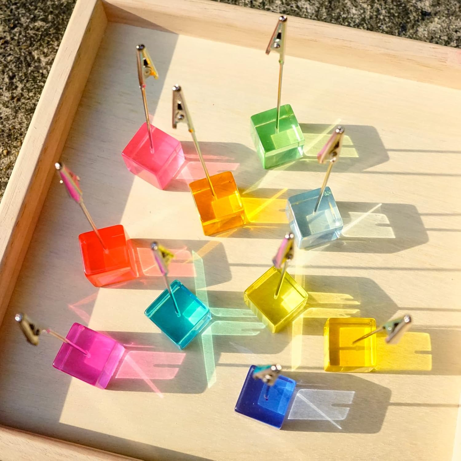 Rainbow Polaroid Photo Clip Stand with Clear Cube Base 10 pcs